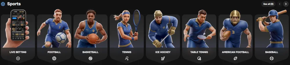 De sportweddenschappen sectie van Mr Punter met diverse live evenementcategorieën.